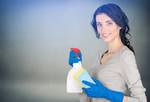 Professional carpet cleaning team working with safety procedures